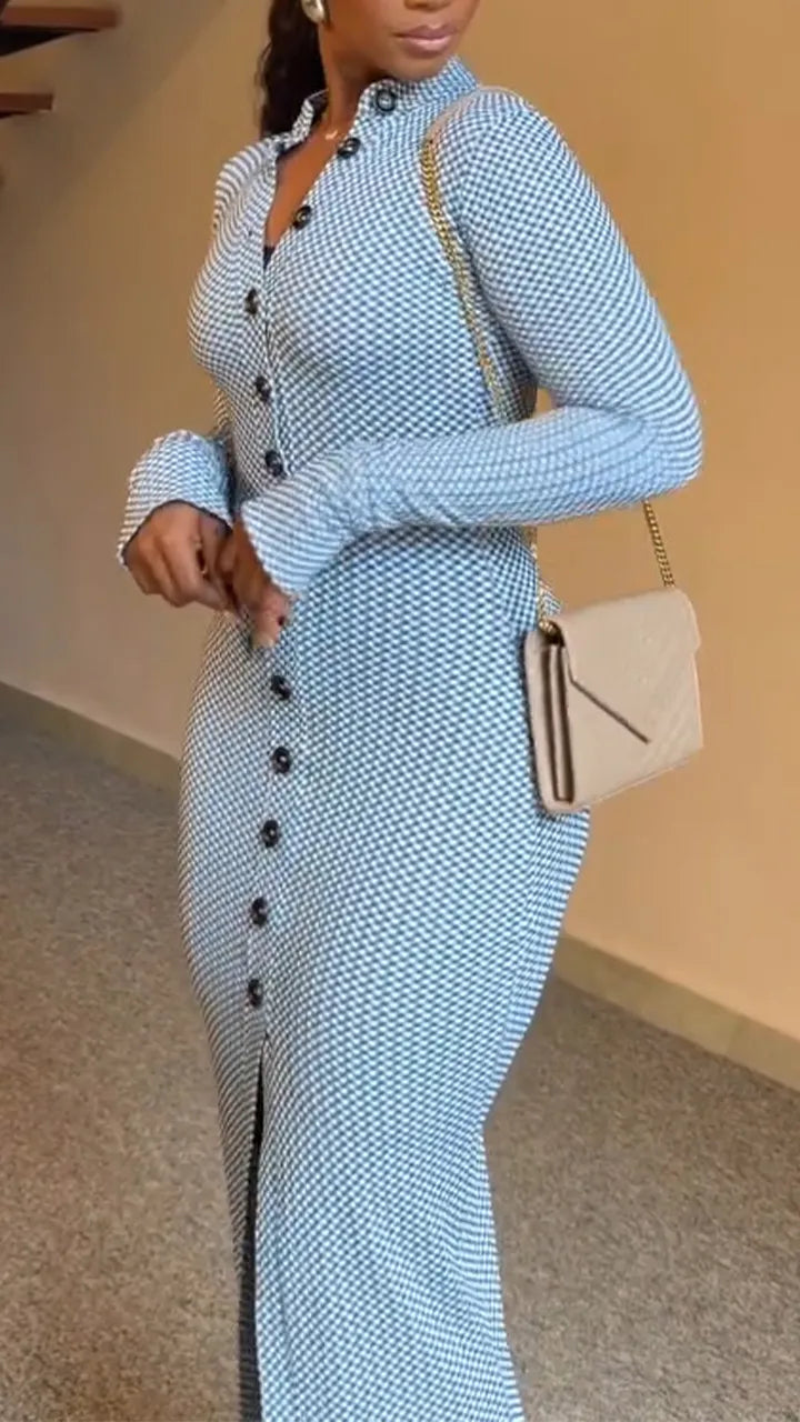 Women Round Neck Breasted Plaid Slim Fit Slit Elegant Temperament Dress