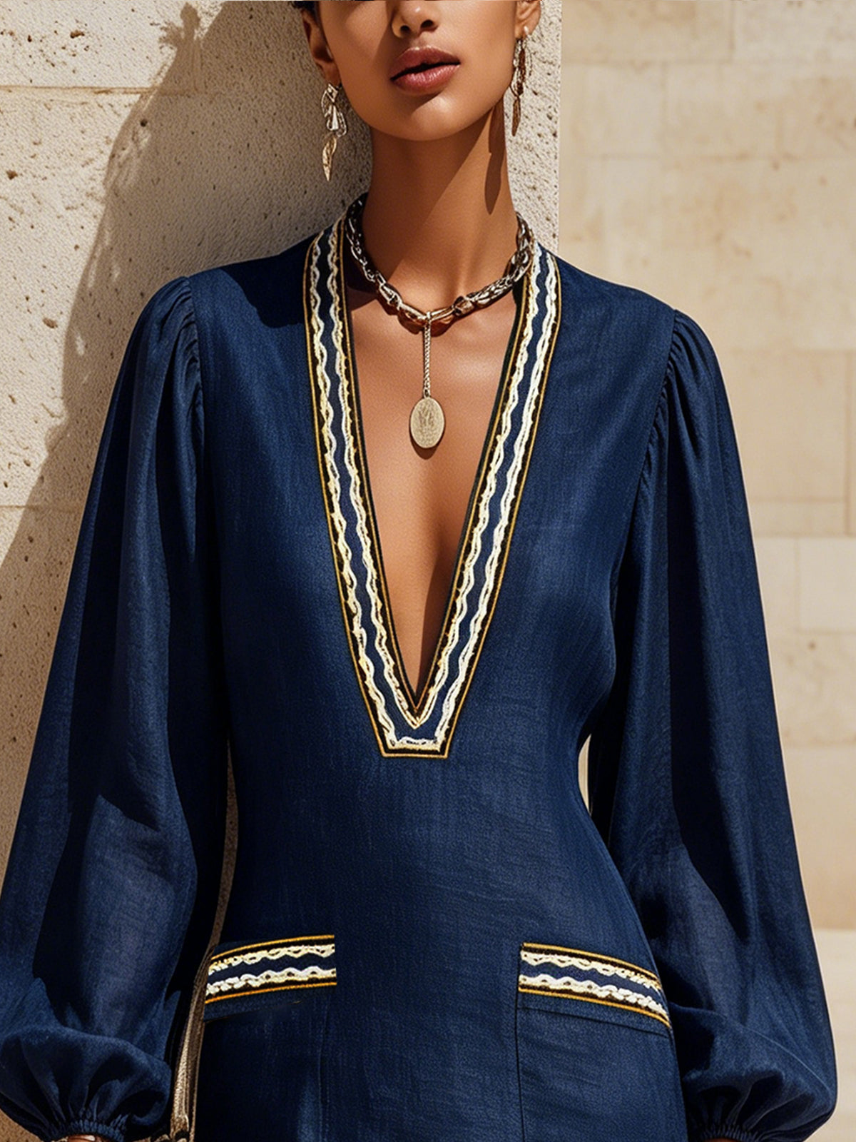 Navy Blue Long Sleeve Mini Dress With Deep V-Neck And Gold Trim