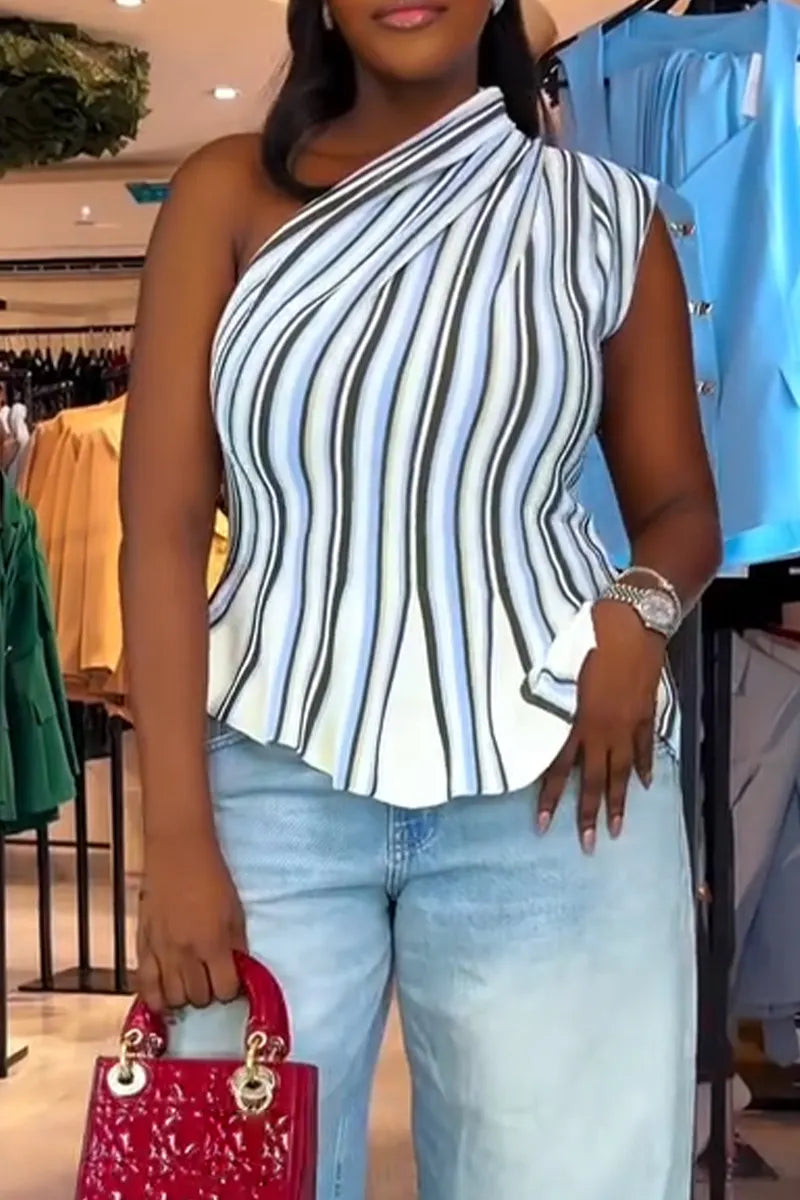 Womens One Shoulder Vertical Striped Top or Washed Wide Leg Jeans