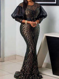Party Puff Long Sleeves Ruffled Sequined Jacquard Round-Neck Maxi Dresses