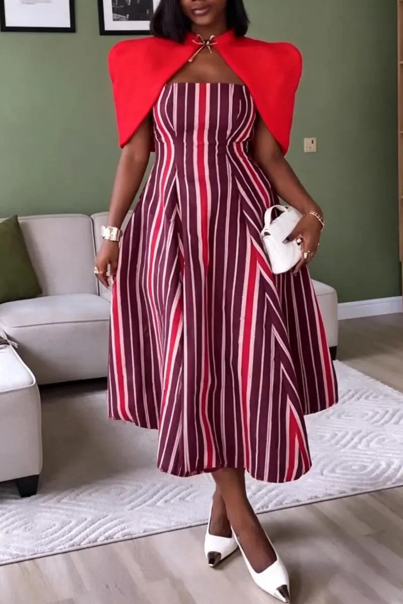 Women Suspender Vertical Stripe Waist Cinching Dress+ Shawl Elegant Temperament Set
