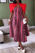 Women Suspender Vertical Stripe Waist Cinching Dress+ Shawl Elegant Temperament Set