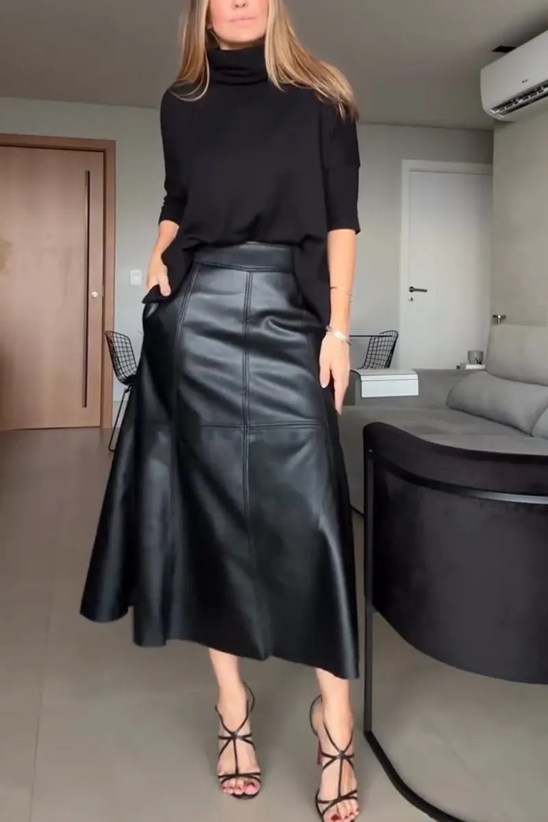 Women Temperament High Neck Top or Spliced Leather Skirt