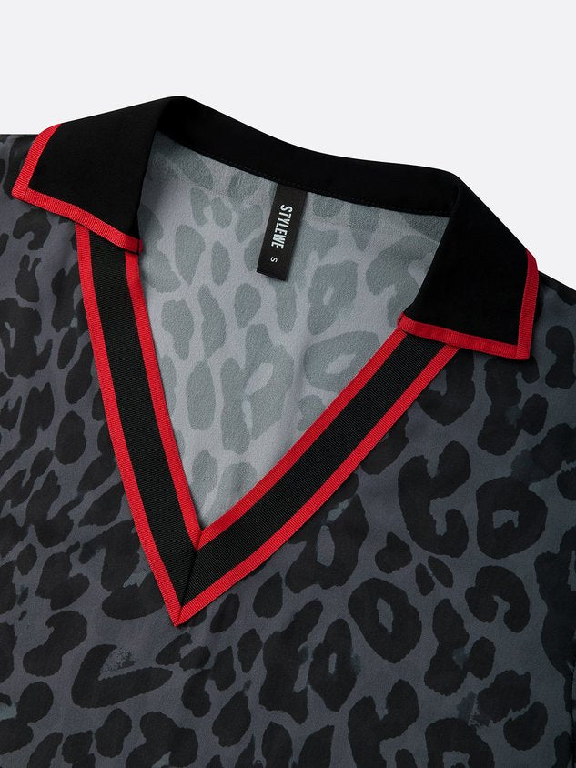 Casual Leopard Printing Shawl Collar Blouse