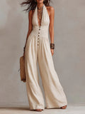 Natural Linen Halter Neck Smocked Waist Wide-Leg Jumpsuit