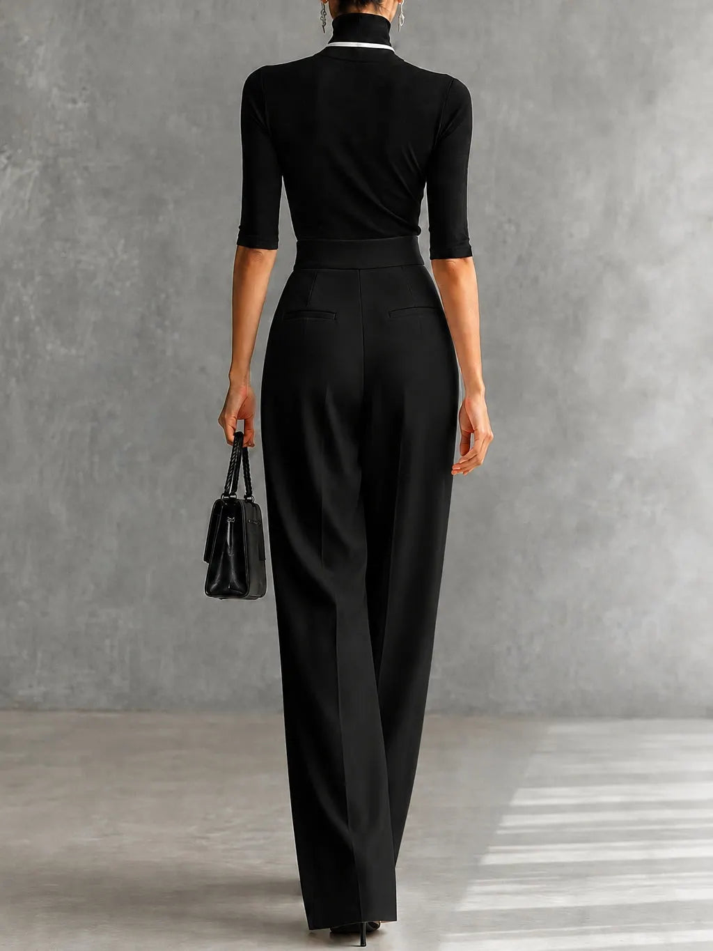 White Trim High-neck Mid-sleeved Black Top With Black Wide-leg Pants Set