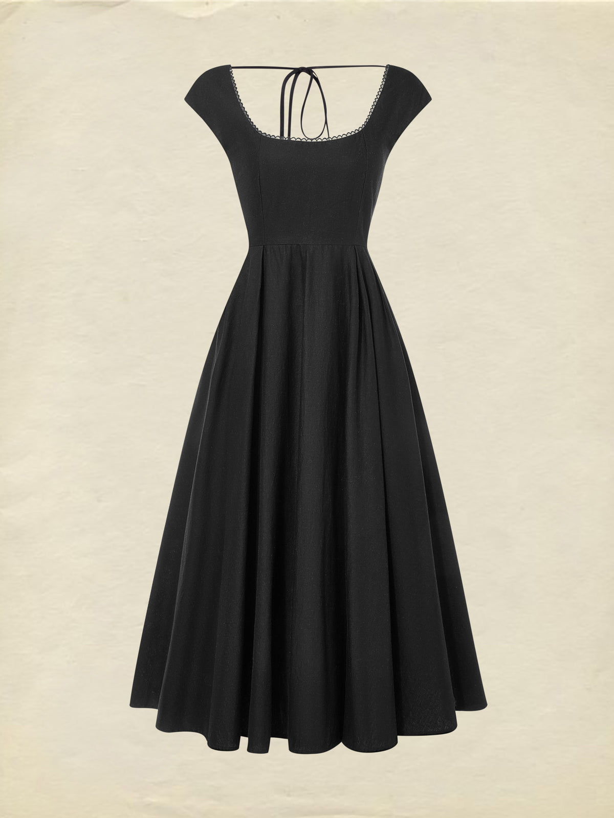 Midi Linen Dress, Sleeveless, Lace Collar, Plain, Lace, French Vintage, Black