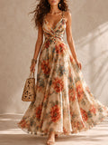 Boho Rust Floral Pleated V-Neck Chiffon Maxi Dress