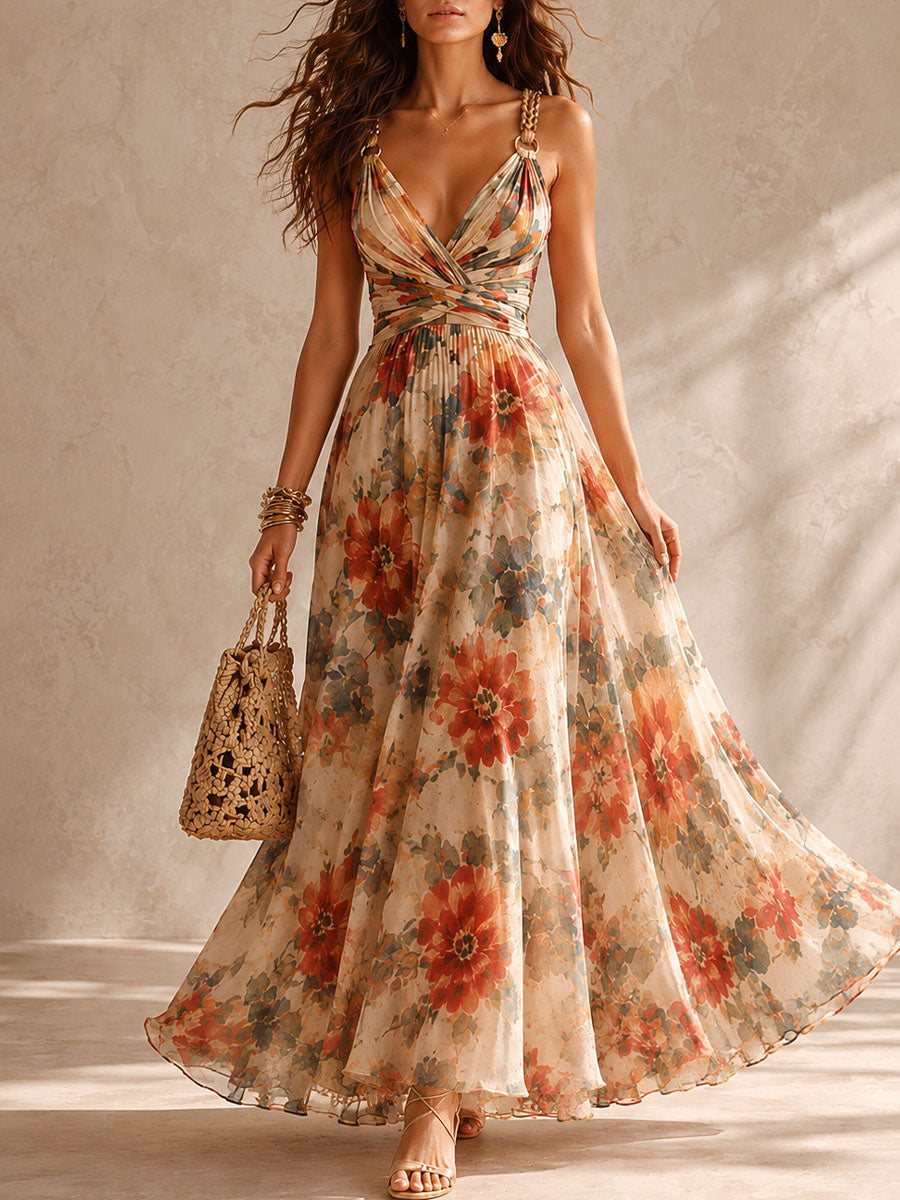 Boho Rust Floral Pleated V-Neck Chiffon Maxi Dress