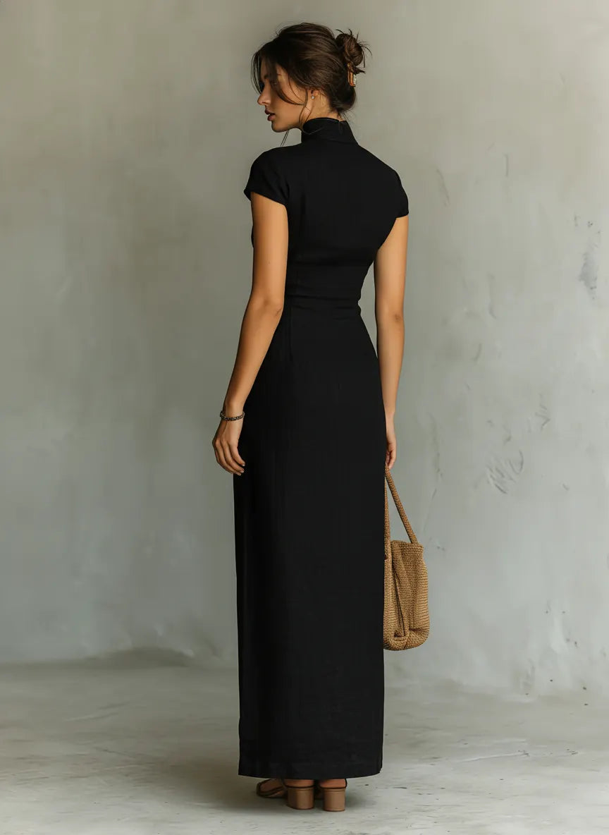 Women's Minimalist Cheongsam Collar Cap Sleeves Side Slit Maxi Dress MDZ0569C3Y