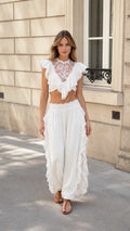 Boho Lace Ruffle Two-Piece Crop Top and Wide Leg Pants Set
