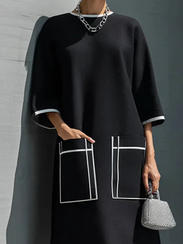 Casual Color Block Crew Neck Midi Dress