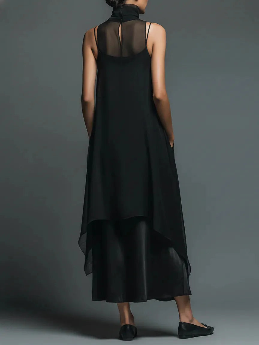 Dadihouse Avant-Garde 2-Piece Set - Sheer Mesh Layered Chiffon Maxi Dress in Midnight Black