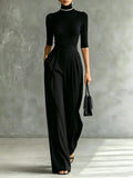 White Trim High-neck Mid-sleeved Black Top With Black Wide-leg Pants Set