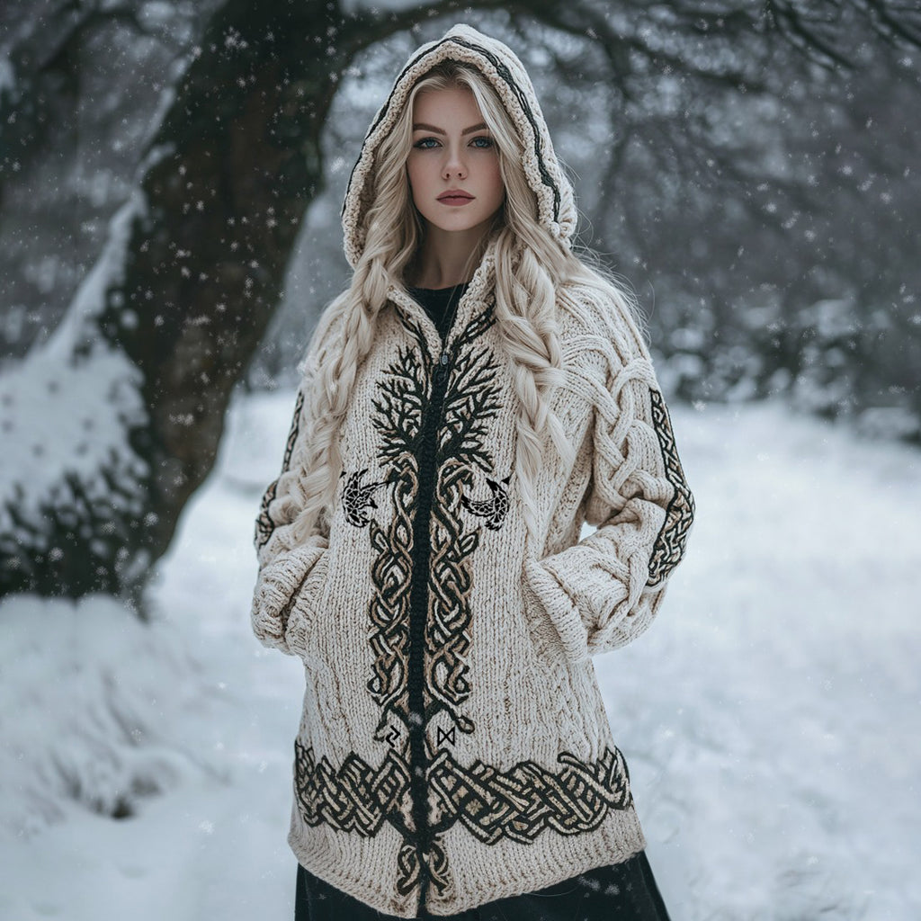 Women's Viking Tribal Tree Of Life Celtic Mythology Chunky Knit Zipper Hooded Cardigan