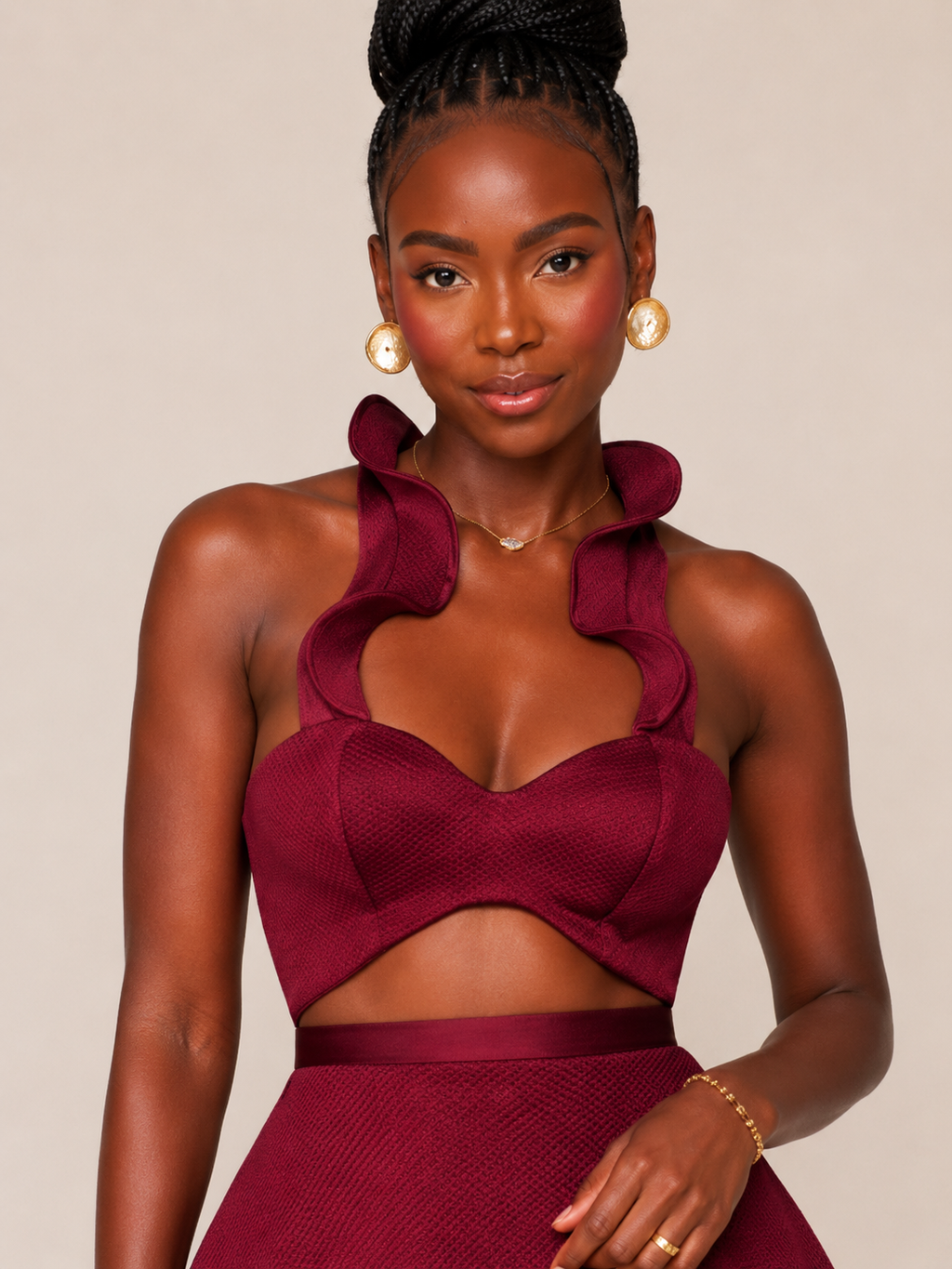 Burgundy Ruffle Halter Crop Top & Fringe Maxi Skirt Two-Piece Set