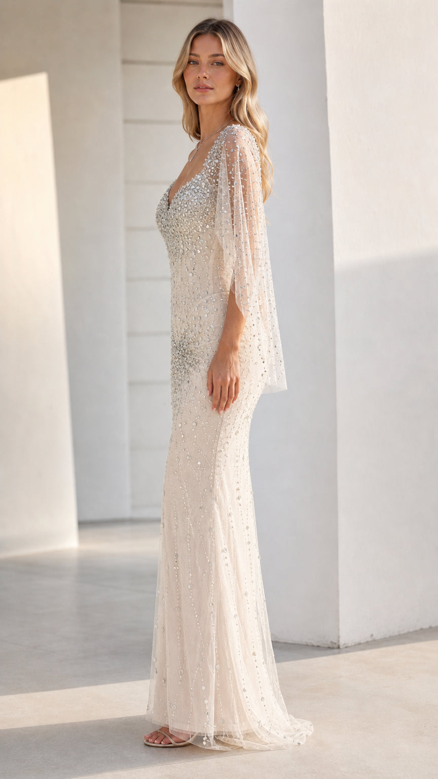 One-Shoulder Beaded Evening Gown with Draped Cape Sleeve