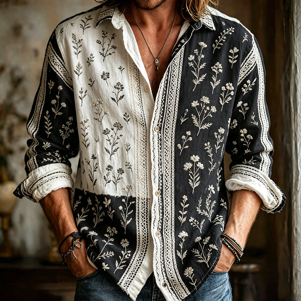 Men's Spring Floral Art Embroidered Cotton Linen Black And White Color Block Long Sleeve Shirt