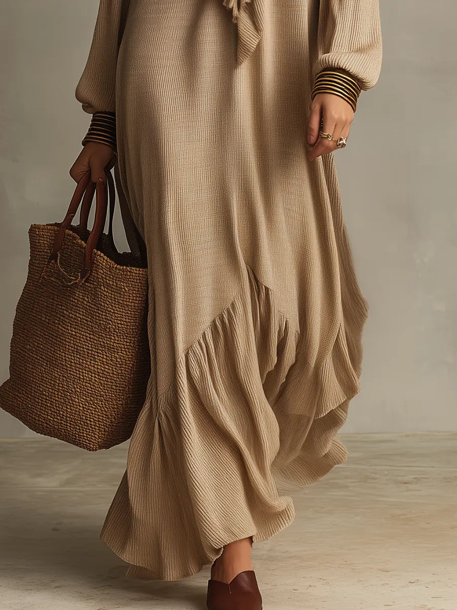 Graceful Beige Cascading Ruffle Maxi Dress