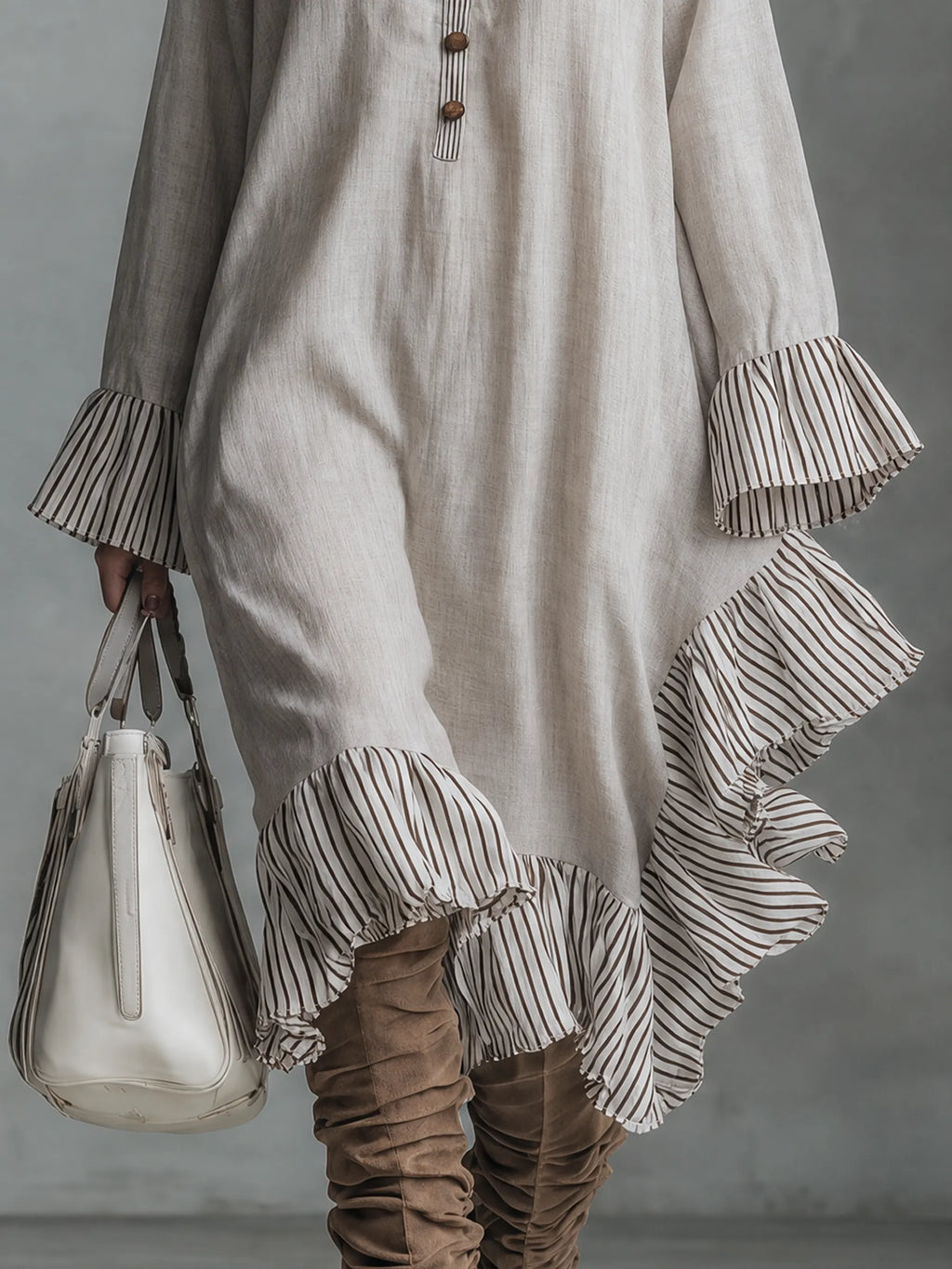 Women's Minimalist Striped Color-Block Midi Dress With Long Sleeves, Stand Collar, And Asymmetrical Hem MDZ0805G9WY