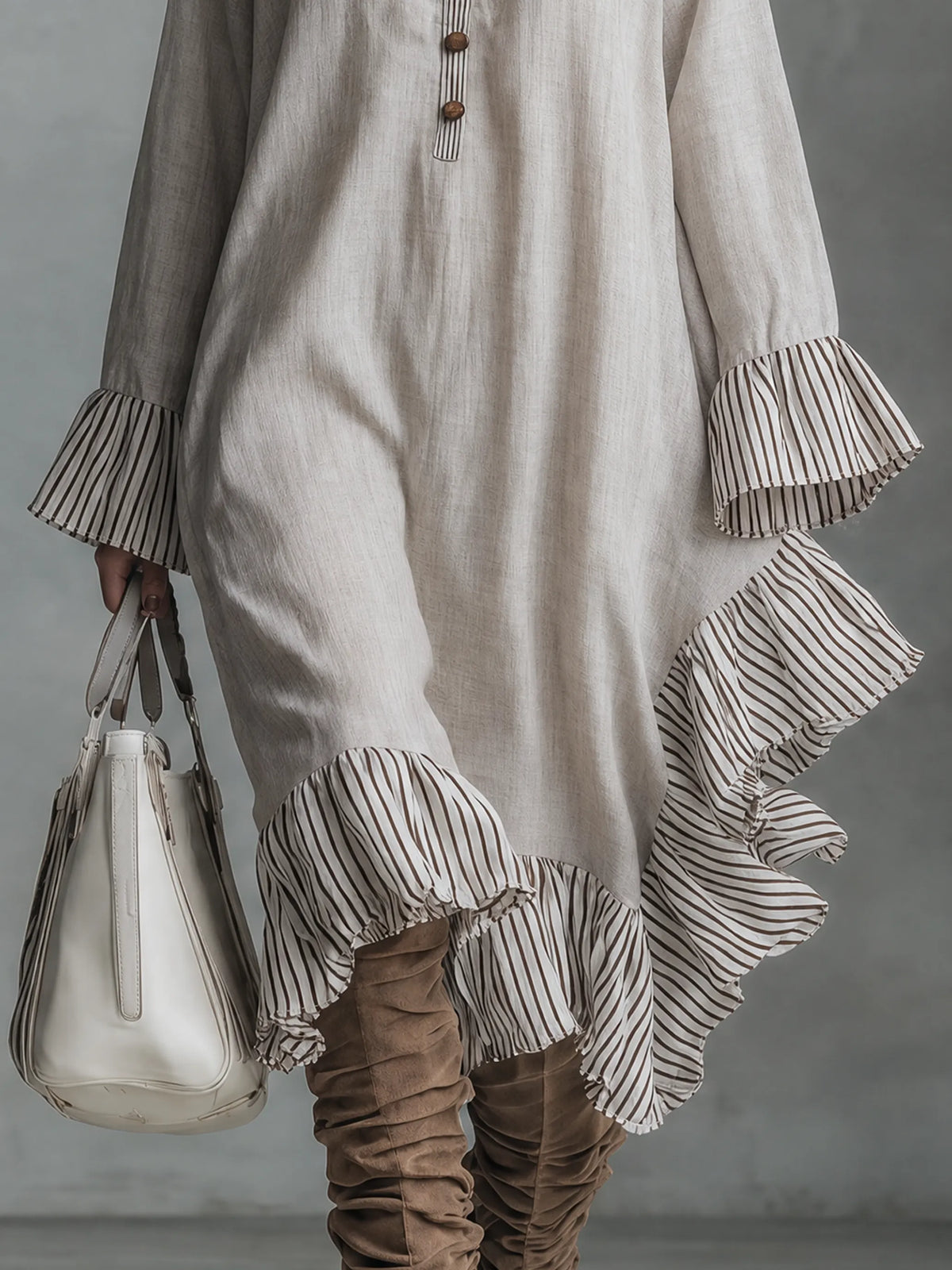 Women's Minimalist Striped Color-Block Midi Dress With Long Sleeves, Stand Collar, And Asymmetrical Hem MDZ0805G9WY