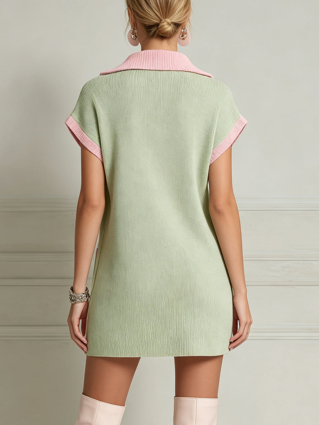 Green Colorblock Zip-Front Knit Mini Dress