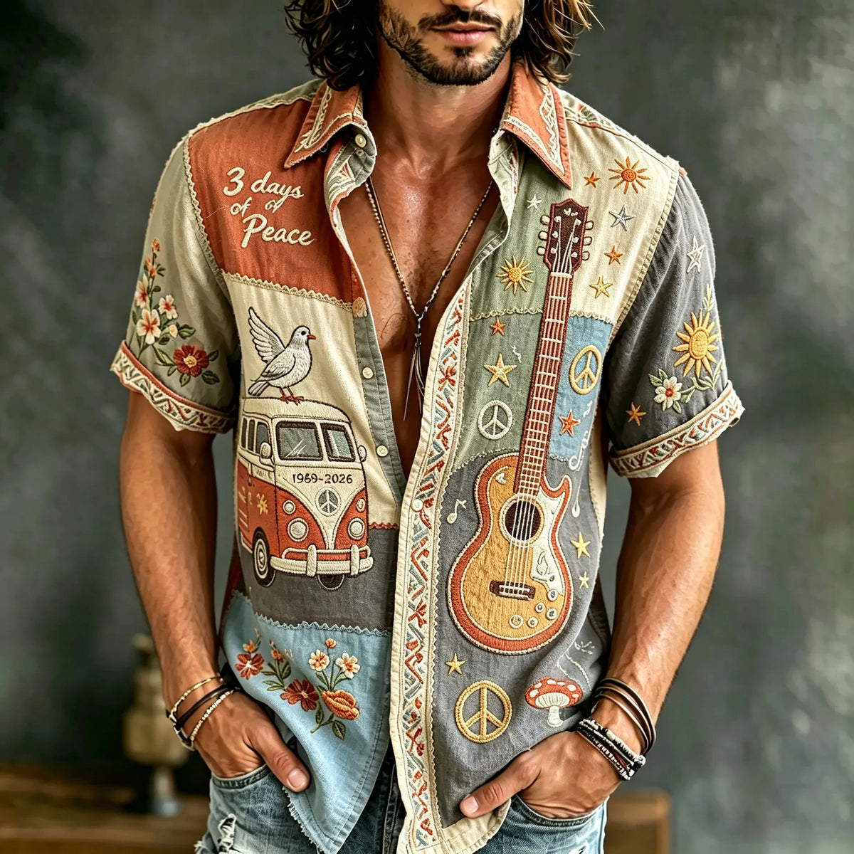 Men's Retro Hippie Vibes Art Pattern Casual Washed Shirt