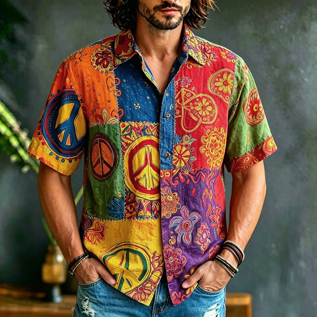 Men's Retro Peace Logo Floral Art Color Block Print Casual Shirt