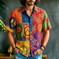 Men's Retro Peace Logo Floral Art Color Block Print Casual Shirt