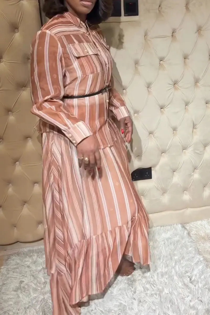 Women Round Neck Vertical Striped Shirt+ Patchwork Skirt Casual Set