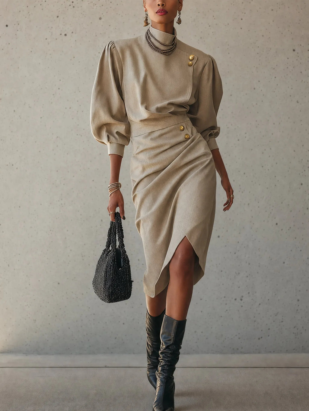 Beige Mid-Sleeve Button Pleated Midi Dress