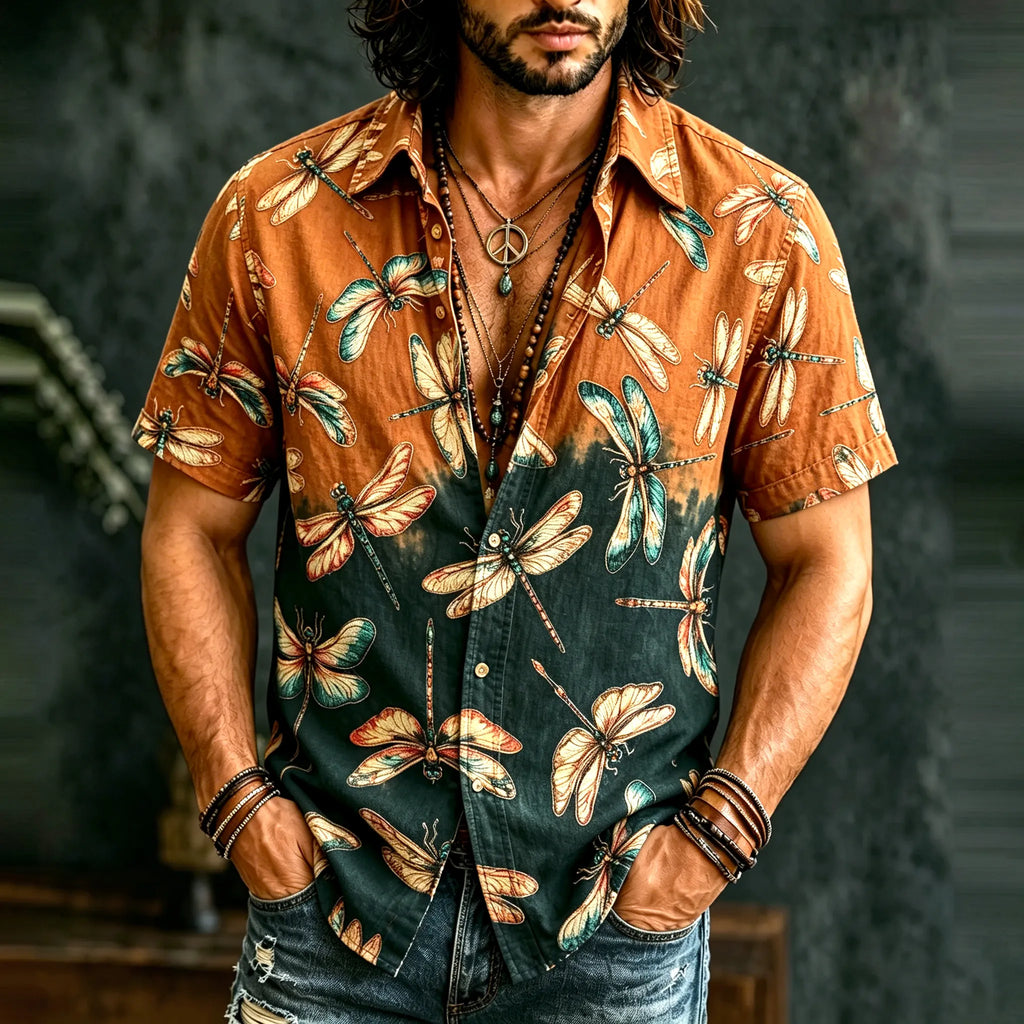 Men's Retro Hippie Dragonfly Pattern Casual Shirt
