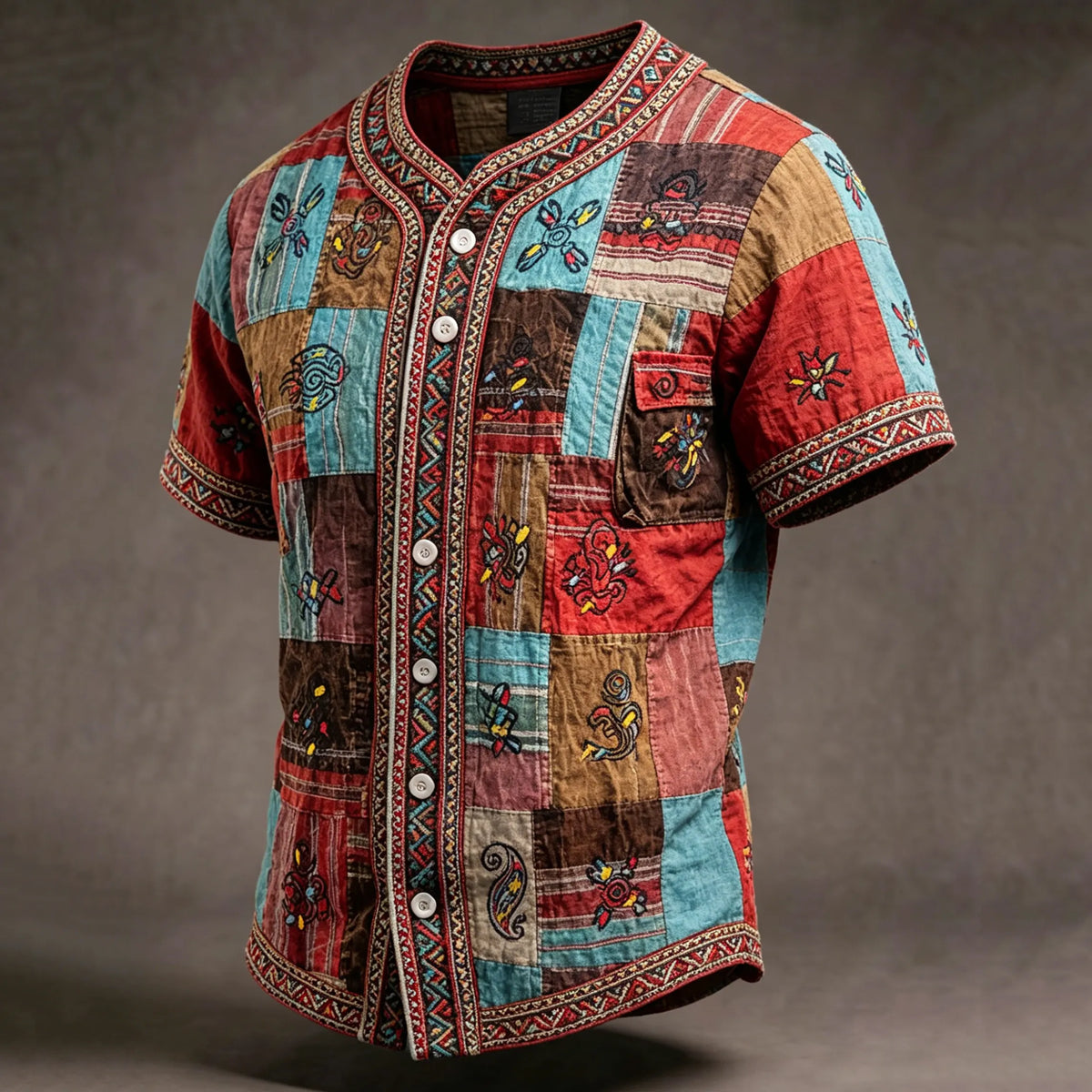 Men's Retro Hippie Patchwork Short-sleeve Cotton Linen Shirt