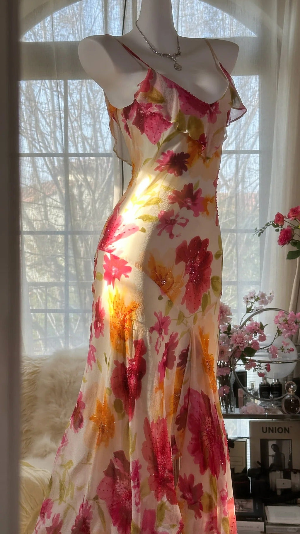 Colorful Romantic Floral Elegant Fashion Exquisite Beaded Long Chiffon Ball Dress Evening Dress Party Dress Valentine's Day Date Dress Wedding Guest Dress 4007