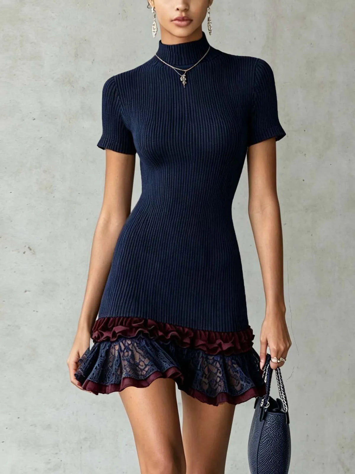 Navy Ribbed Knit Mini Dress With Lace Hem And Ruffle Trim