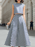 Structured Striped Cropped Top And Pleated A-Line Midi Skirt Set