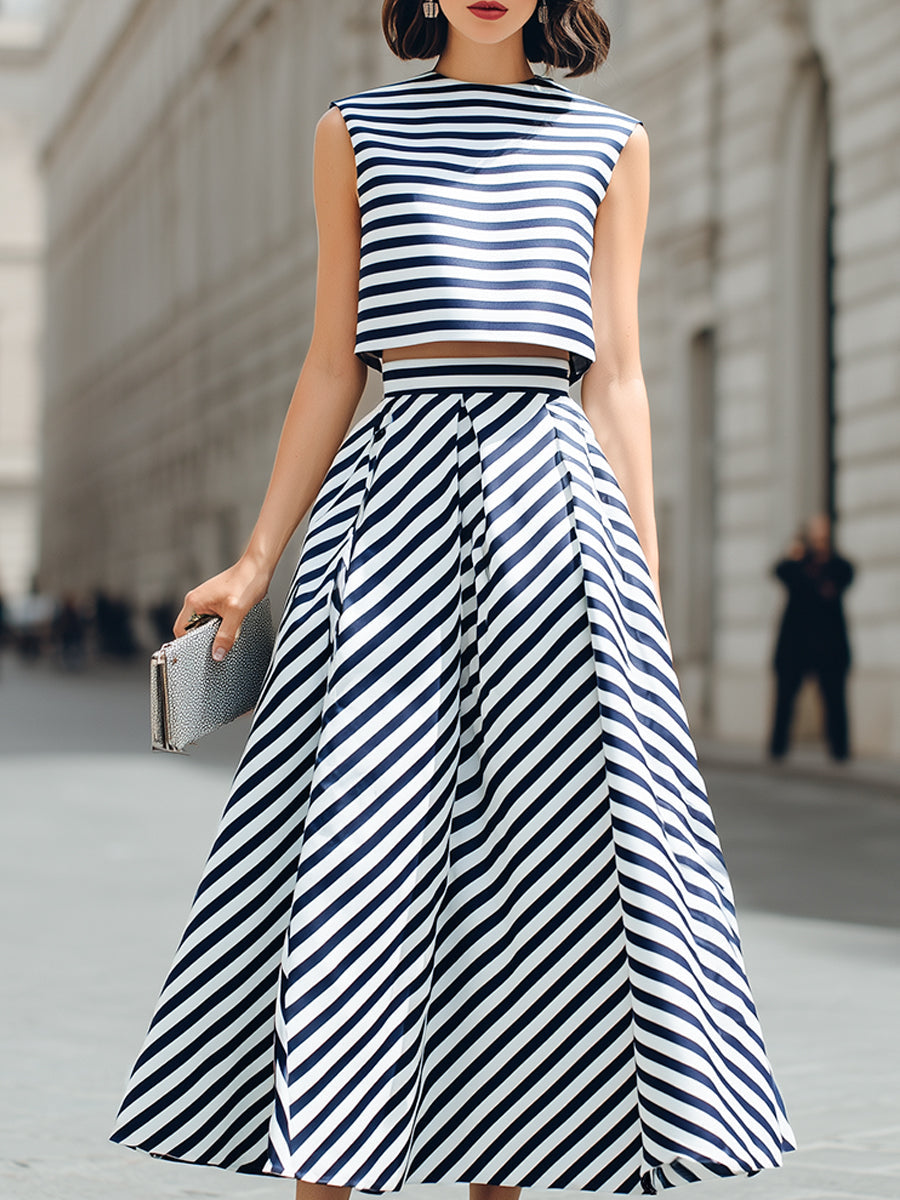 Structured Striped Cropped Top And Pleated A-Line Midi Skirt Set
