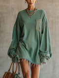 24-Hour-Shipping Green Denim Oversized Pocket Frayed Hem Mini Dress