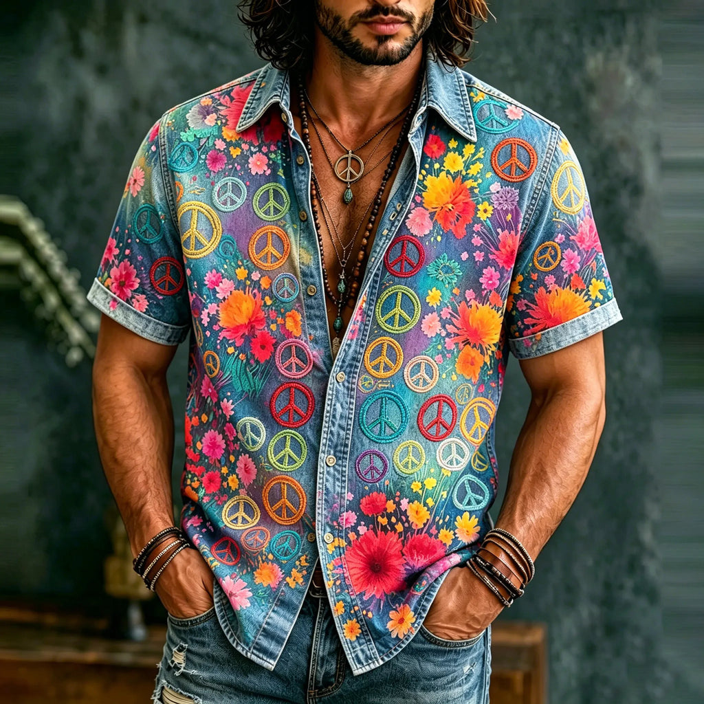 Men's Retro Hippie Peace With Floral Graffiti Art Pattern Casual Washed Shirt
