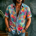 Men's Retro Hippie Peace With Floral Graffiti Art Pattern Casual Washed Shirt