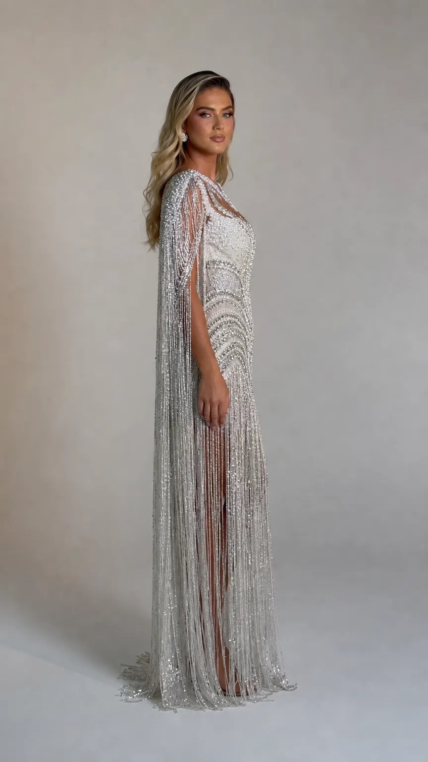 Luminous Beaded Fringe Cape Evening Gown