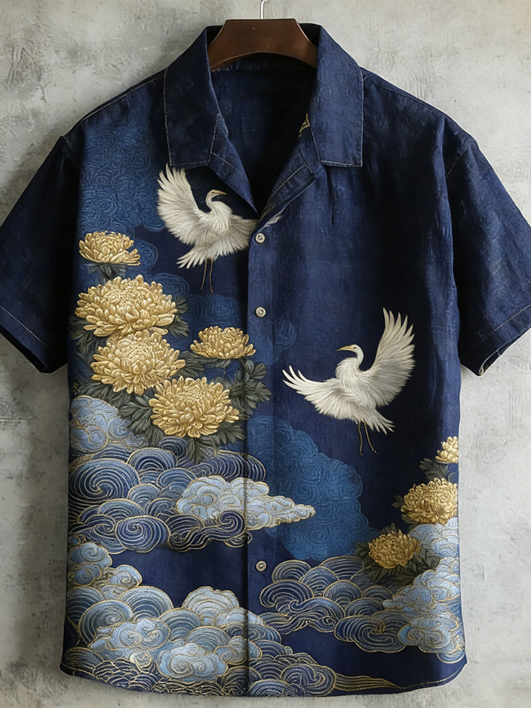 Japanese Art Retro Plant Flower And Crane Pattern Men's Short Sleeve Shirt