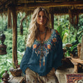Vintage Bohemian Floral Embroidery Linen Blend Shirt