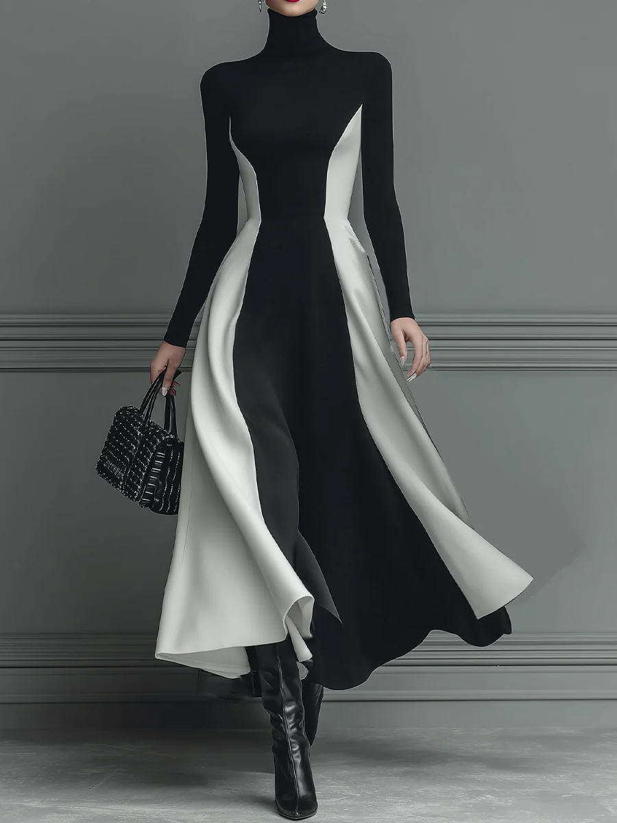 Black And White Stitching Knitted Maxi Dress