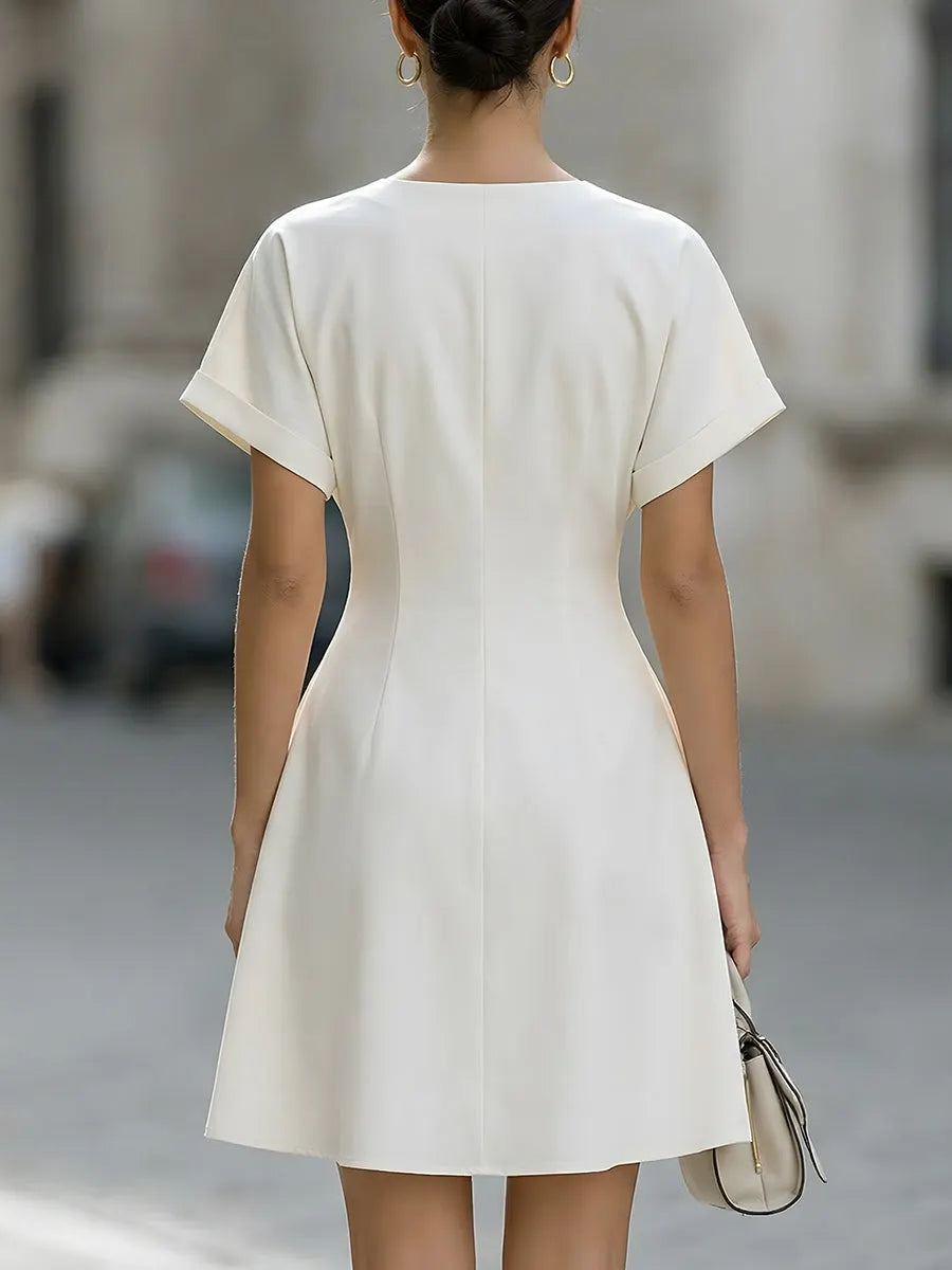 V-Neck Short Sleeve Waist-Cinched Mini Dress With Gold Buttons