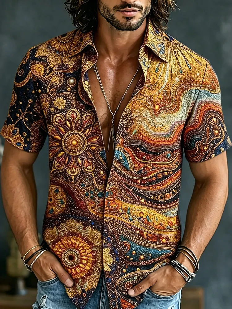 Men's Retro Hippie Gradient Pattern Short-sleeve Cotton Linen Shirt