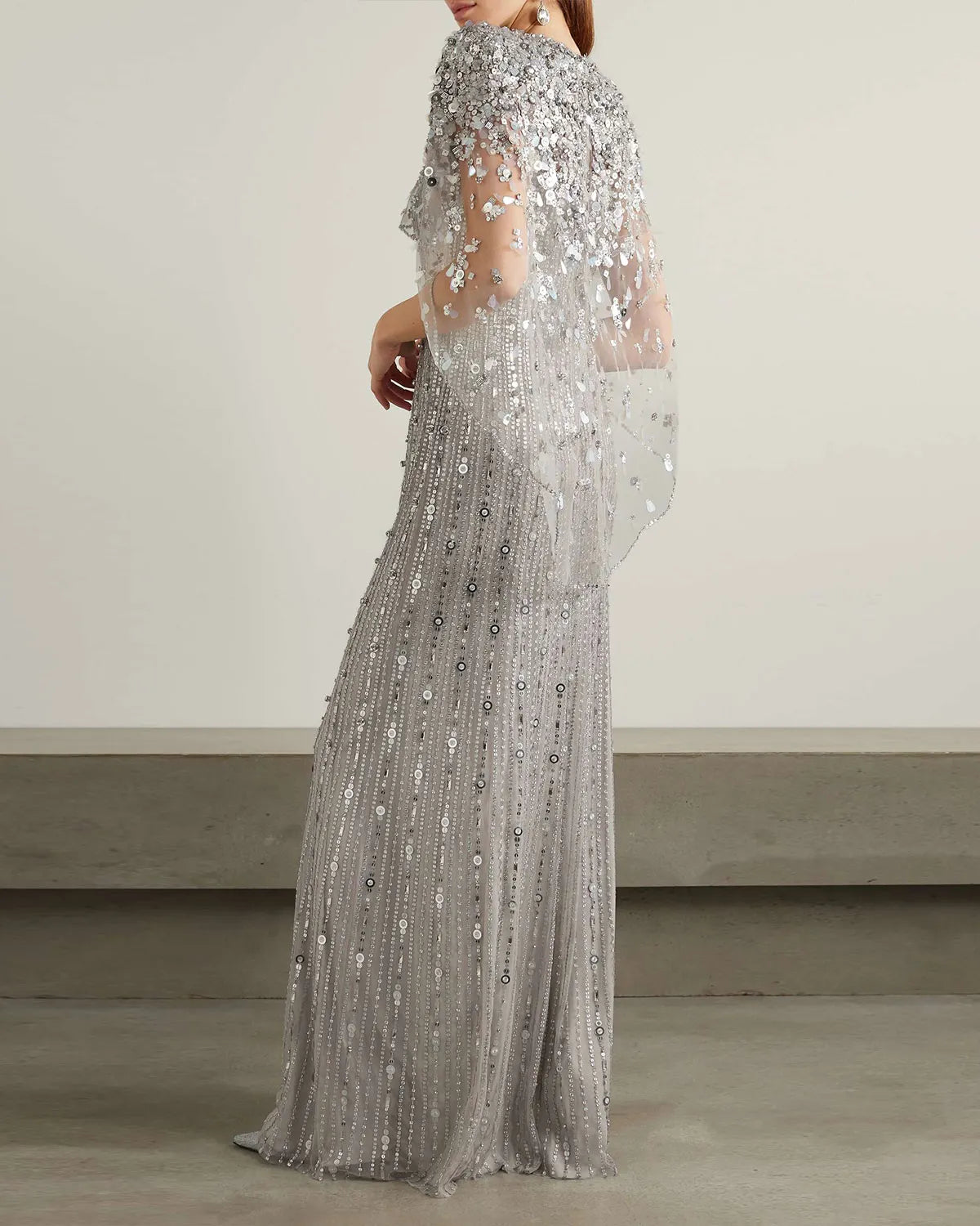 Cape-Effect Embellished Sequined Tulle Gown