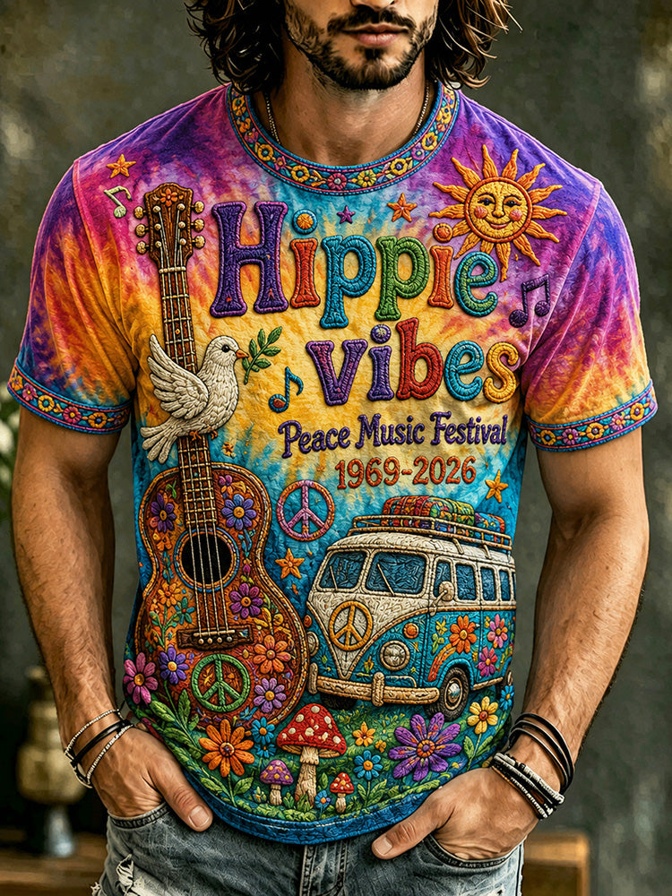 Men's Vintage 60s Music  Hippie Vibes Art Hippie Crew Neck T-shirt