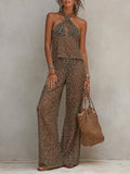 Retro Cutout Sheer Sequin Halter Top & Wide-Leg Pants Set