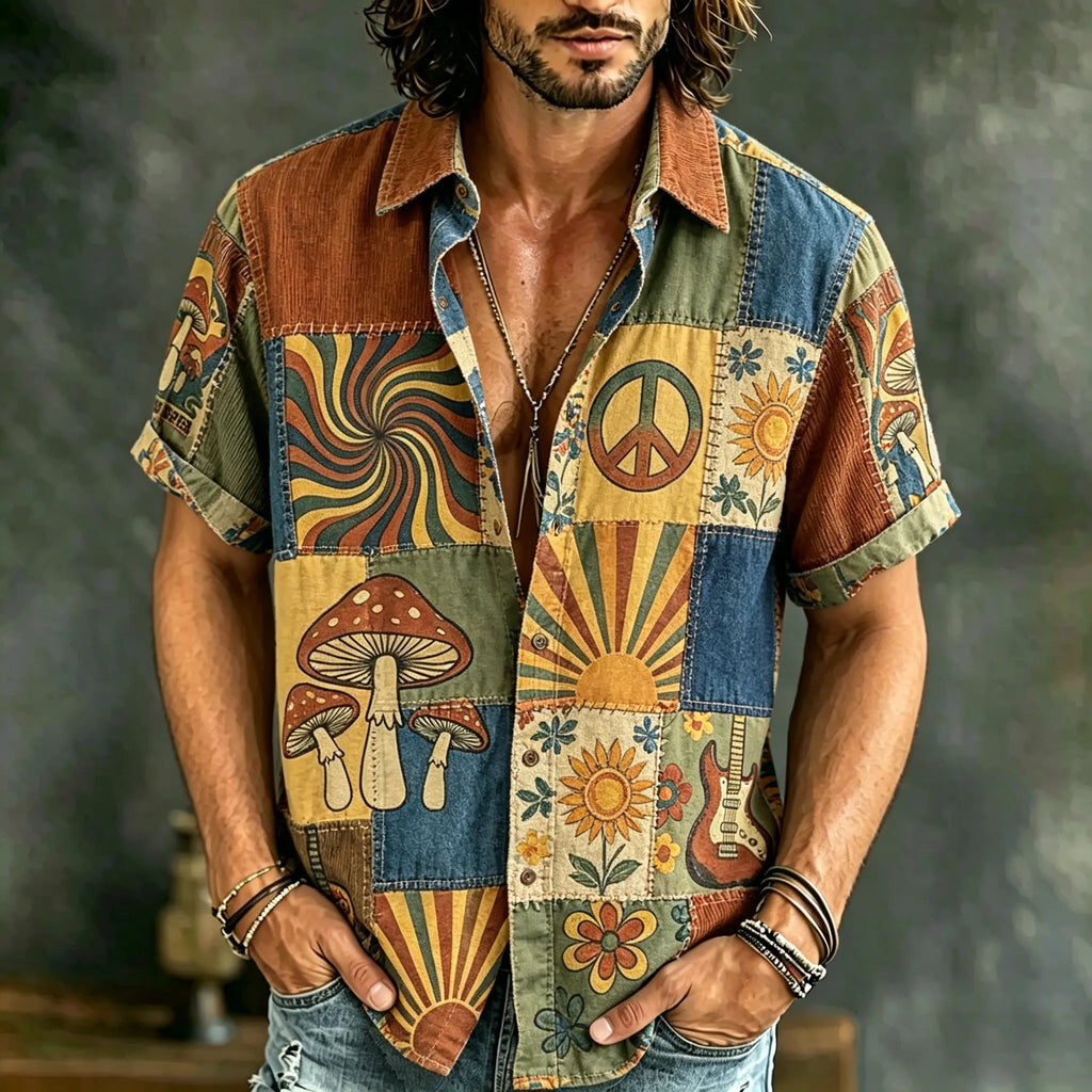 Men's Retro Bohemian Hippie Style Printed Short-sleeve Shirt